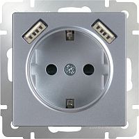 Розетка с заземлением, шторками и USBх2 16А WERKEL WL06-SKGS-USBx2-IP20 62406 серебряный